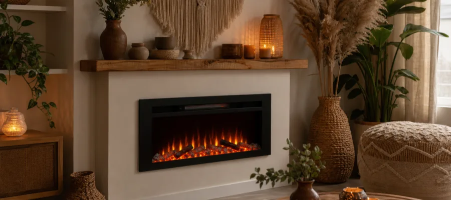 Boho-Interieur trifft Elektrokamin: Farben und Texturen fuer warme Stimmung