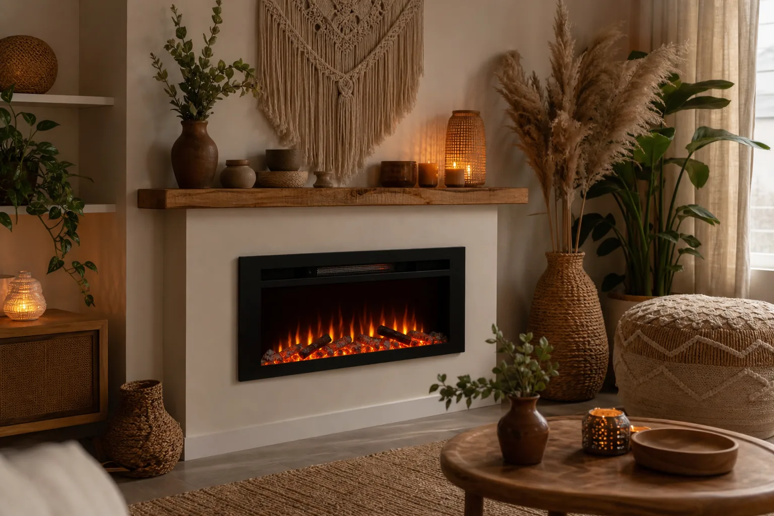 Boho-Interieur trifft Elektrokamin: Farben und Texturen fuer warme Stimmung